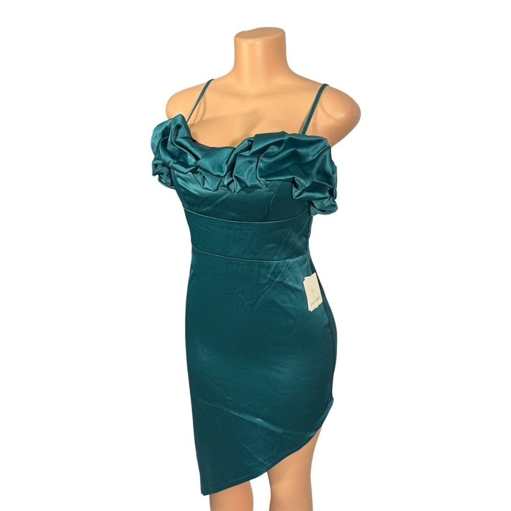 Pear Culture Cocktail‎ Dress Women Size 1 Emerald Green Ruffle Satin NWT